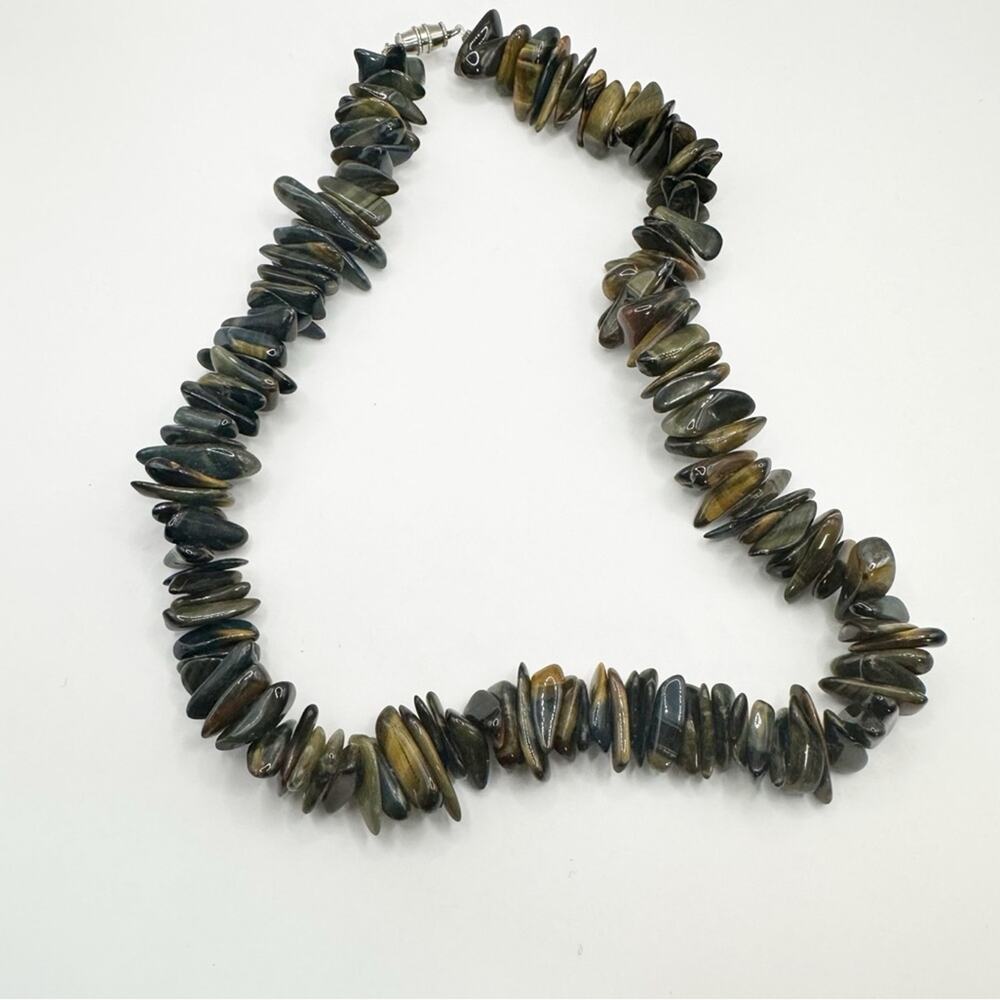 Vintage Chunky Tiger's Eye Dog Tumbled Stone Necklace 14.5" Choker Brown Green